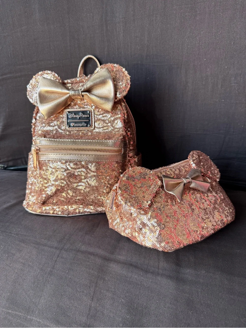 Loungefly Rose Gold Sequin Mini Backpack and Pouch Set